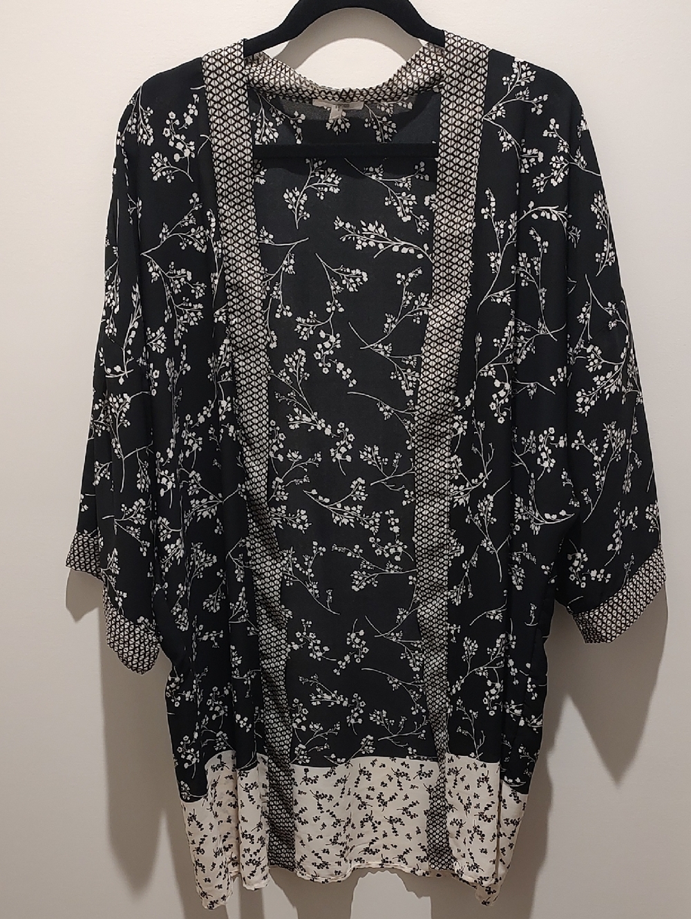 Black & White Floral Patchwork Layering Cover - Up Kimono Top Boho Lightweight